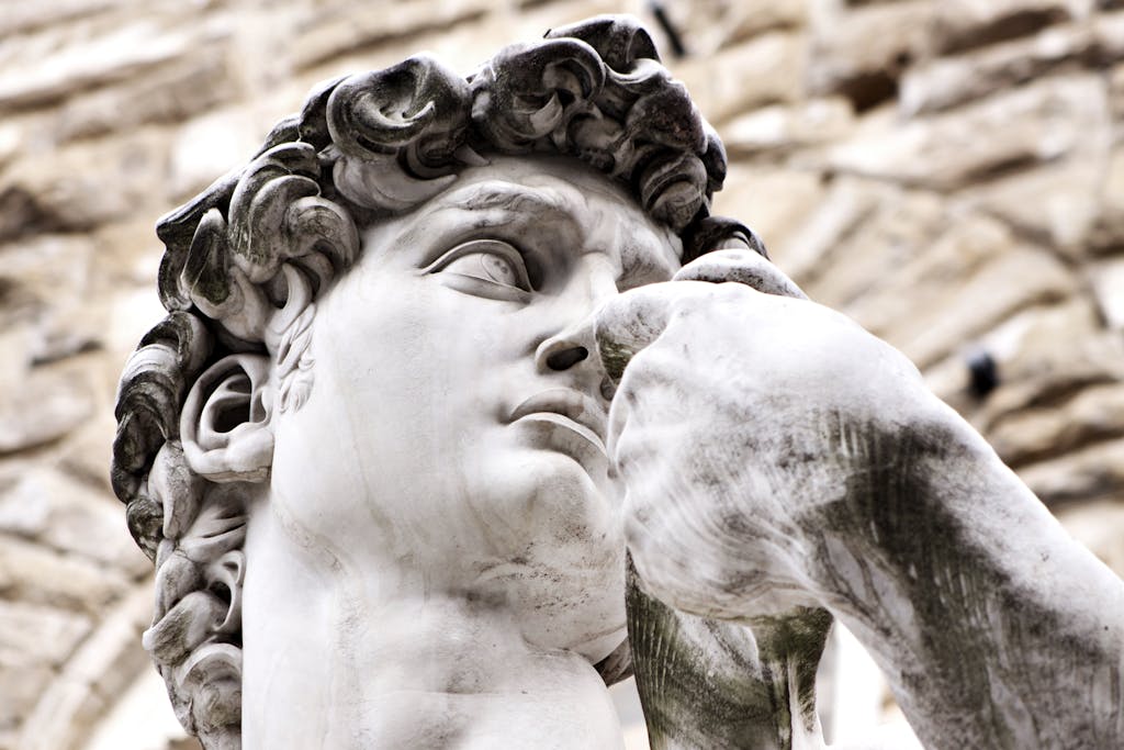 Detailed view of Michelangelo's David sculpture in Florence, Italy.