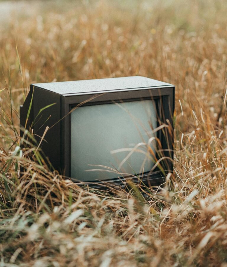 Small black abandoned old fashioned television placed on dried faded grass in countryside with trees on blurred background in nature